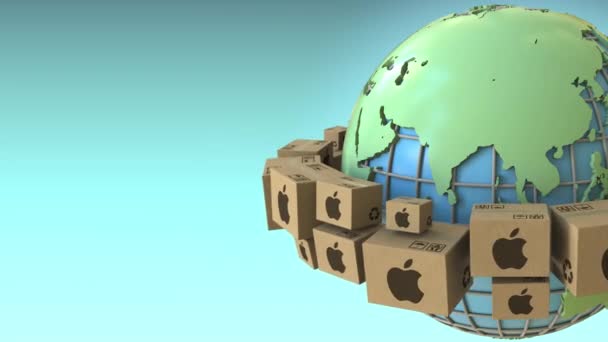 Los cartones con el logotipo de Apple Inc en todo el mundo, Asia enfatizó. Conceptual editorial loopable 3D animación — Vídeo de stock