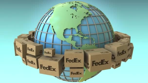 Muchos envases de cartón con el logotipo de FedEx en todo el mundo, enfatizó América. Conceptual editorial loopable 3D animación — Vídeos de Stock