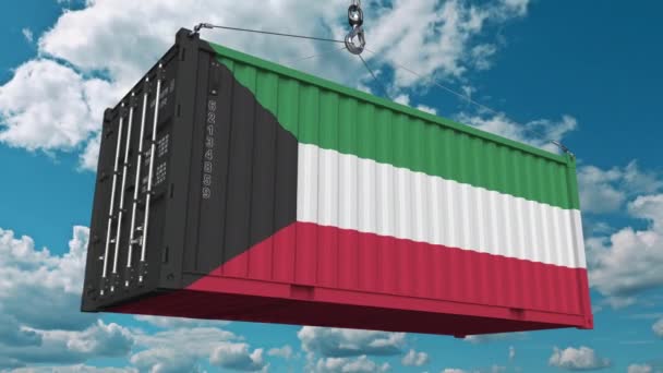 Kuvait zászlaja a rakomány konténer betöltése. Kuvaiti behozatali vagy kiviteli kapcsolatos fogalmi 3d animáció — Stock videók