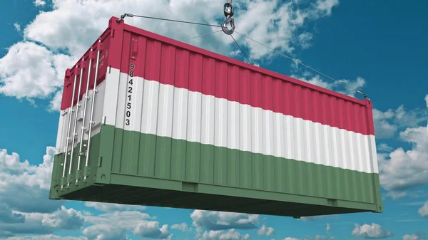 Loading container with flag of Hungary. Hungarian import or export related conceptual 3D rendering — Stock Photo, Image