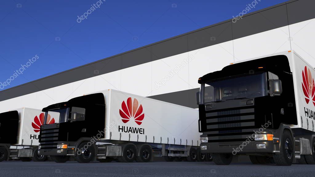 Freight semi trucks with Huawei logo loading or unloading at warehouse dock. Editorial 3D