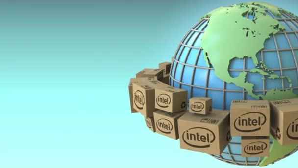 Много коробок с логотипом Intel по всему миру, подчеркнула Америка. Концептуальная редакционная цикличная 3D анимация — стоковое видео