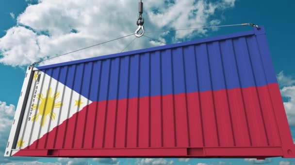 필리핀의 국기와 함께 화물 컨테이너입니다. 가져오기 또는 내보내기 관련 개념 3d 애니메이션 — 비디오