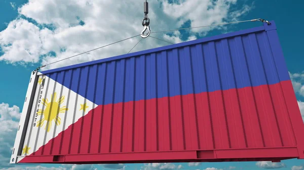 Recipiente de carga com bandeira de Filipinas. Importar ou exportar renderização conceitual 3D relacionada — Fotografia de Stock