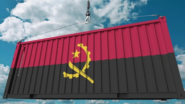 Recipiente de carga com bandeira de Angola. Importação ou exportação angolana relacionada com renderização conceitual 3D — Fotografia de Stock