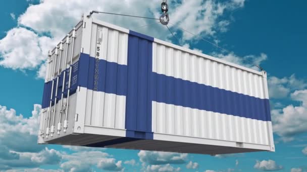 Rakomány konténer a finn zászló. Finn behozatali vagy kiviteli kapcsolatos fogalmi 3d animáció — Stock videók