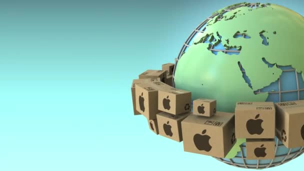 Cartons with Apple Inc logo around the world, Europe and Africa emphasized. Conceptual editorial loopable 3D animation — Stock Video
