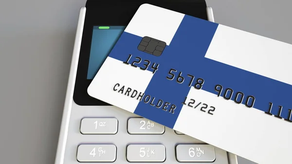 Платежный терминал с кредитной картой с флагом Финляндии. Концептуальная 3D-рендеринг финской национальной банковской системы — стоковое фото