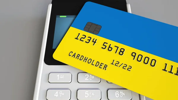 Terminal de plată cu card de credit cu steagul Ucrainei. Sistemul bancar național ucrainean redare 3D conceptuală — Fotografie, imagine de stoc