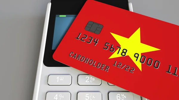 Платежный терминал с кредитной картой с флагом Вьетнама. Концептуальная 3D-рендеринг национальной банковской системы Вьетнама — стоковое фото