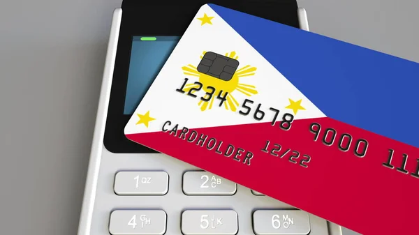 Terminal de pago con tarjeta de crédito con bandera de Filipinas. Sistema bancario nacional renderizado 3D conceptual — Foto de Stock