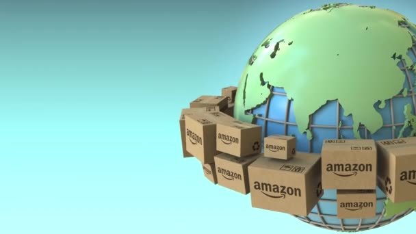 Lådor med Amazon logo rotera runt världen, Asien betonade. Konceptuella redaktionella loopable 3d-animering — Stockvideo