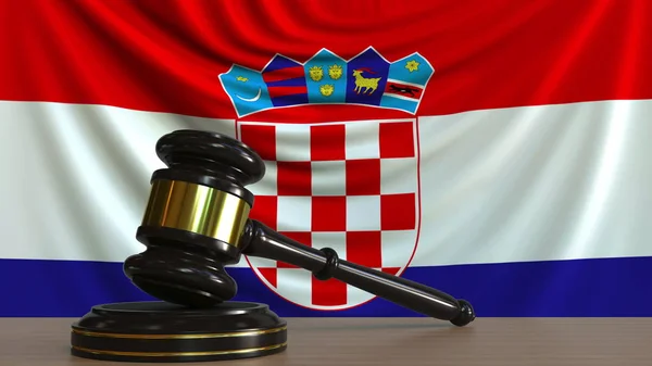 Domare ordförandeklubba och block mot flaggan av Kroatien. Kroatiska domstolen konceptuell 3d-rendering — Stockfoto