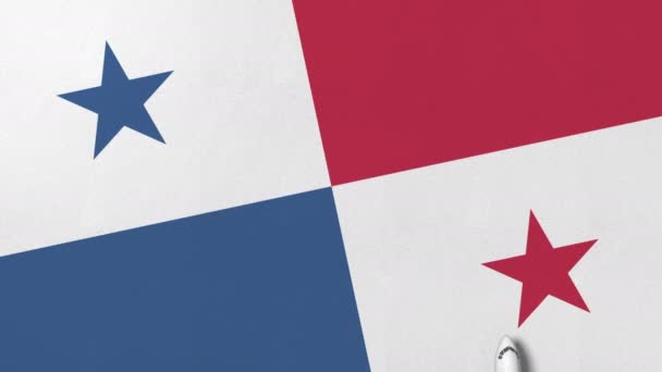 Avion commercial sur le drapeau du Panama. Animation 3D conceptuelle liée au voyage — Video