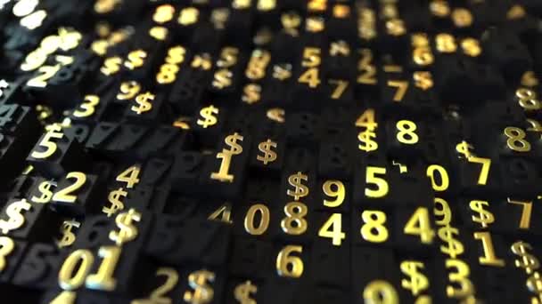 Gold uns Dollar usd Symbole und Zahlen auf schwarzen Tellern, loopable 3D-Animation — Stockvideo