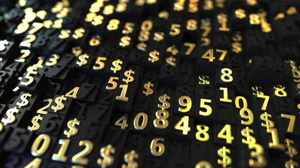 Gold US Dollar USD symbols and numbers on black plates, 3D rendering — Stock Photo, Image
