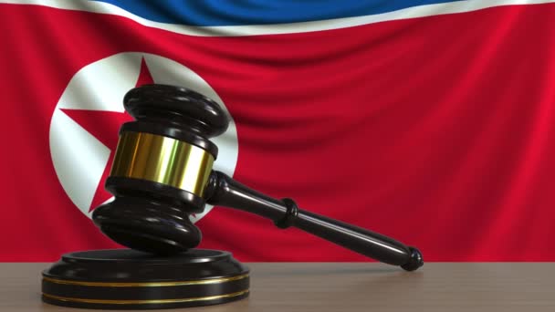 Yargıçlar tokmak ve Kuzey Kore bayrağı karşı blok. Mahkeme kavramsal animasyon — Stok video