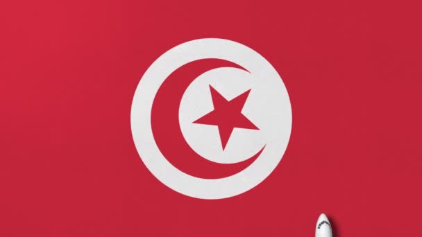 Vista de cima para baixo do avião na bandeira da Tunísia. Turismo relacionado animação 3D conceitual — Vídeo de Stock