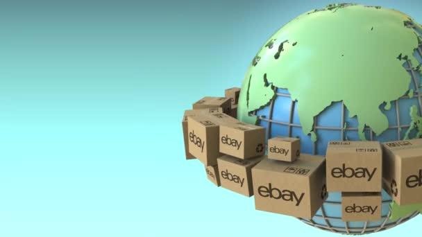 Lådor med ebay logotyp runt om i världen, Asien betonade. Konceptuella redaktionella loopable 3d-animering — Stockvideo