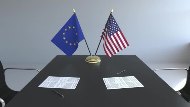 Bandiere Documenti Sul Tavolo Negoziati Firma Contratto Concettuale — Video Stock