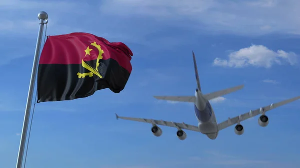 Ticari uçak iniş Angola bayrağı sallayarak arkasında. Angola için kavramsal 3d render seyahat — Stok fotoğraf