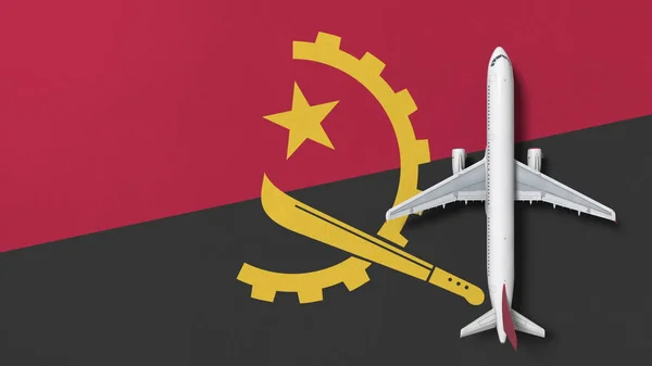 앙골라의 국기에 상업 비행기입니다. 관광 관련 개념적 3d 렌더링 — 스톡 사진