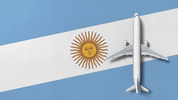 Vista dall'alto verso il basso dell'aereo sulla bandiera argentina. Rendering 3D concettuale legato al turismo — Foto Stock