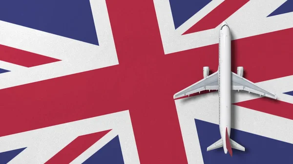 Verkehrsflugzeug auf der Flagge Großbritanniens. Tourismusbezogene konzeptionelle 3D-Darstellung — Stockfoto