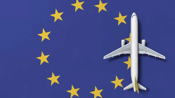 Avión comercial en la bandera de la Unión Europea UE. Visualización 3D conceptual relacionada con viajes — Foto de Stock