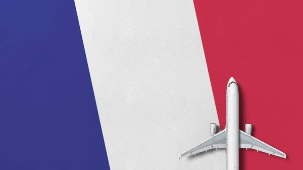 Vista dall'alto verso il basso dell'aereo sulla bandiera della Francia. Rendering 3D concettuale legato al turismo — Foto Stock
