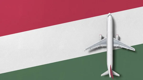 Avião na bandeira da Hungria. Voos relacionados renderização 3D conceitual — Fotografia de Stock