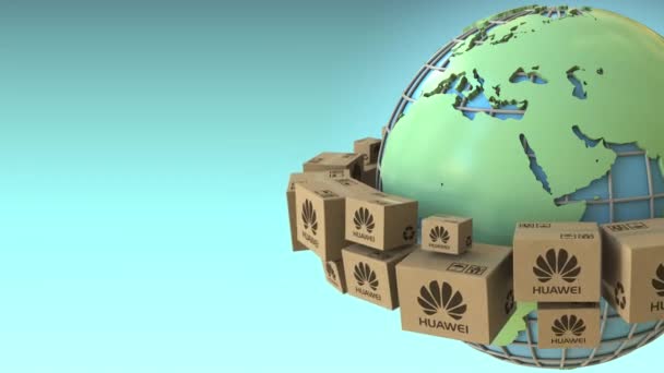 在全球各地都强调了带有华为标志的纸箱。概念编辑可循环3d 动画 — 图库视频影像