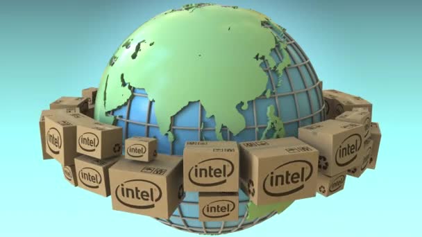 Cartoni con logo Intel in tutto il mondo, Asia ha sottolineato. Concettuale editoriale loop animazione 3D — Video Stock