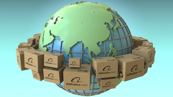 Boxes with Alibaba logo around the world, Asia emphasized. Conceptual editorial 3D rendering — Stock Photo, Image