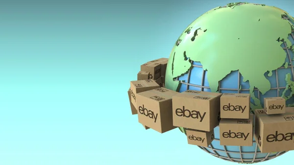 Krabice s logem ebay po celém světě, Asie zdůraznil. Konceptuální redakční 3d vykreslování — Stock fotografie