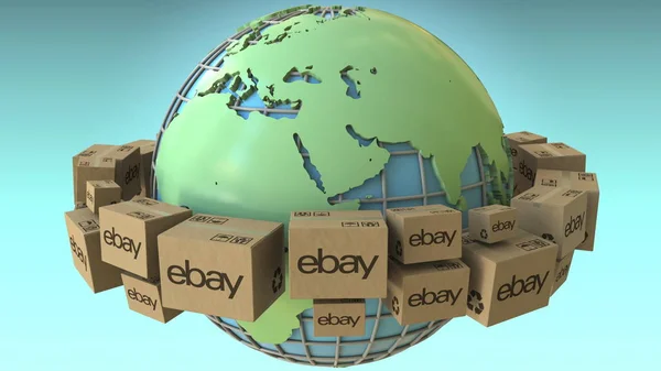 Boxen mit ebay-Logo auf der ganzen Welt, Afrika und Europa betont. konzeptionelle redaktionelle 3D-Darstellung — Stockfoto