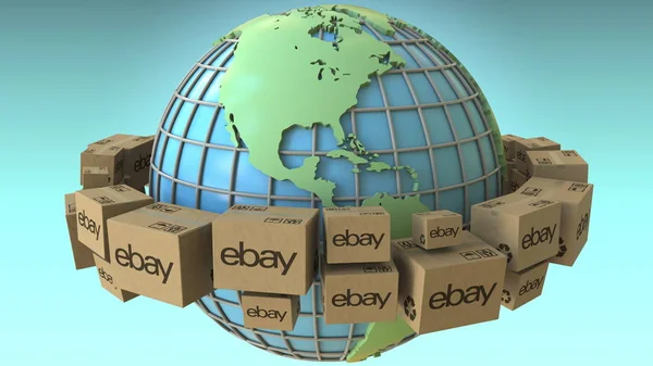 Boxen mit ebay-Logo auf der ganzen Welt, betonte Amerika. konzeptionelle redaktionelle 3D-Darstellung — Stockfoto