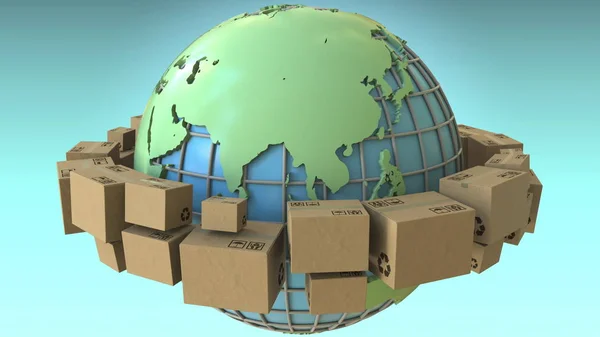 Vele dozen draaien rond de wereld, Asia benadrukt. Conceptuele 3D-rendering — Stockfoto