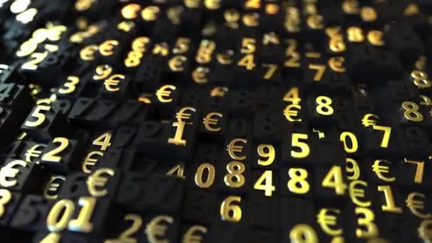 Euro-Gold-Symbole und Zahlen auf schwarzen Tellern, 3D-Animation — Stockvideo