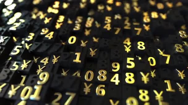 Gouden Japanse Yen Jpy symbolen en cijfers op zwarte platen, loopbare 3d animatie — Stockvideo