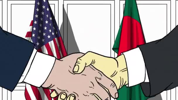 Geschäftsleute oder Politiker schütteln Hände gegen Flaggen der USA und Bangladesh. offizielles Treffen oder Zusammenarbeit im Zusammenhang mit Zeichentrickfilmen — Stockvideo