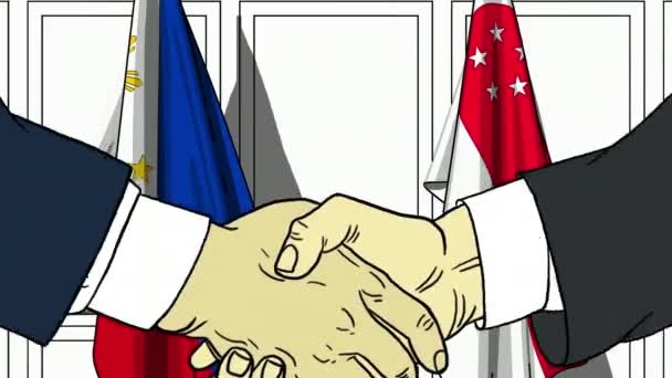 Businessmen or politicians shake hands against flags of Philippines and Singapore. Official meeting or cooperation related cartoon animation — Stock Video