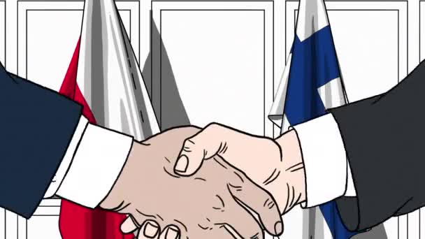 Affärsmän eller politiker skakar hand mot flaggor av Polen och Finland. Officiellt möte eller samarbete med tecknad animation — Stockvideo