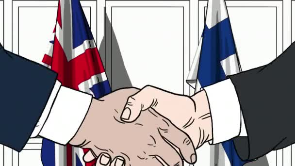 İş adamları veya politikacılar bayrakları Büyük Britanya ve Finlandiya karşı el sıkışın. Resmi toplantı veya işbirliği çizgi film animasyon ile ilgili — Stok video