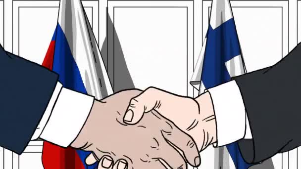Businessmen or politicians shake hands against flags of Russia and Finland. Official meeting or cooperation related cartoon animation — Stock Video