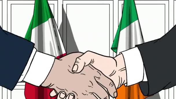 Des hommes d'affaires ou des politiciens serrent la main contre les drapeaux d'Italie et d'Irlande. Réunion officielle ou animation de bande dessinée liée à la coopération — Video