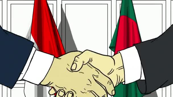 Biznesmenów i polityków uścisnąć dłoń przed flagi Indonezji i Bangladeszu. Oficjalne spotkanie lub współpracy z filmów animowanych — Wideo stockowe