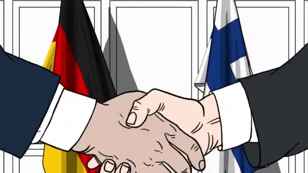 Zakenlieden of politici schudden handen tegen vlaggen van Duitsland en Finland. Officiële bijeenkomst of samenwerking gerelateerde cartoon-animatie — Stockvideo