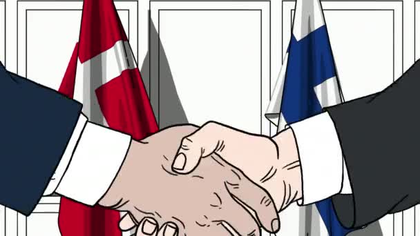 Affärsmän eller politiker skakar hand mot flaggor i Danmark och Finland. Officiellt möte eller samarbete med tecknad animation — Stockvideo