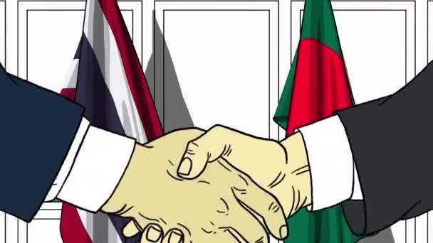 Pebisnis atau politisi berjabat tangan melawan bendera Thailand dan Bangladesh. Pertemuan resmi atau animasi kartun terkait kerja sama — Stok Video